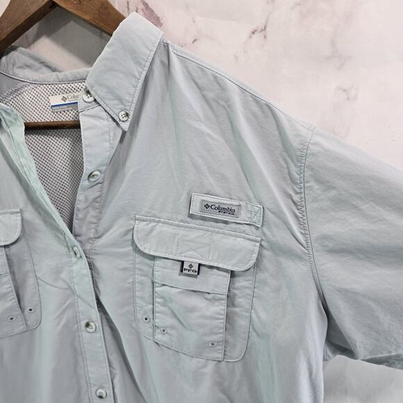 Columbia Shirt Mens 2X XXL Gray Blue PFG Button Up Short Sleeve Vented Ripstop - Picture 12 of 13